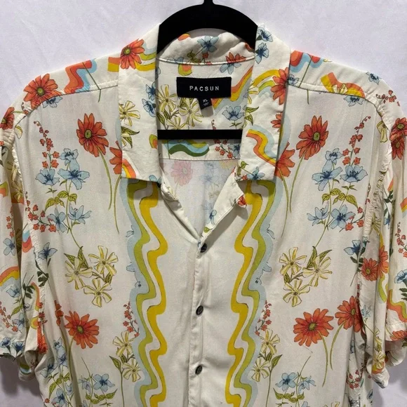 PacSun XL Retro Floral Button Shirt Hippie Pride Rave Festival Vacation Summer - Picture 2 of 12